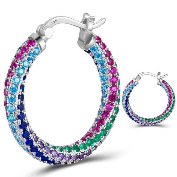 14K White Gold Sterling Silver with Multicolored Cubic Zirconia Hoop Earrings - Picture 1 of 6